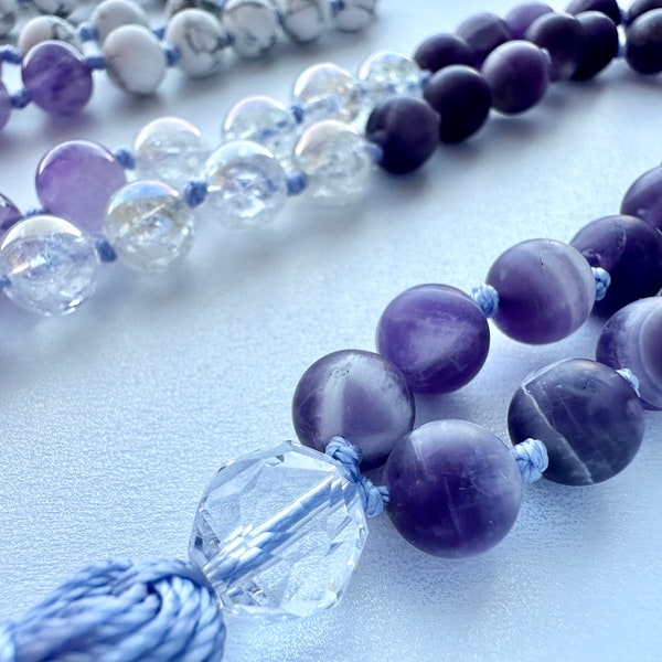 DREAM Mala with Amethyst, Lavender Amethyst, Aura Quartz, Clear Quartz & Howlite Gemstone Beads | 108 Mala Beads | Yoga Jewelry