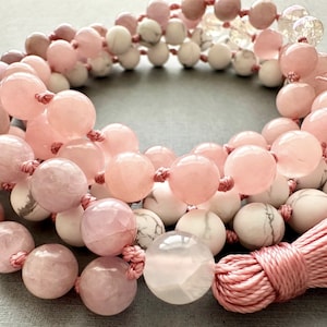 LOVE Mala with Kunzite, Rose Quartz, Aura Quartz & Howlite Gemstone Beads | 108 Mala Beads | Yoga Jewelry