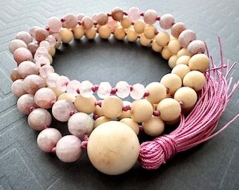 Kunzite, Rose Quartz & Riverstone Love Mala Necklace, 108 Meditation Beads