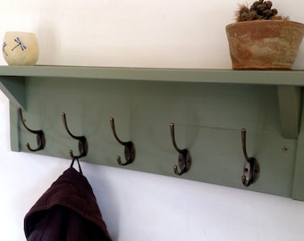 Coat Rack With Shelf Rustic hallway hanger Handmade Entryway with vintage hooks Clothing rack distressed shabby chic antique Green coat rack