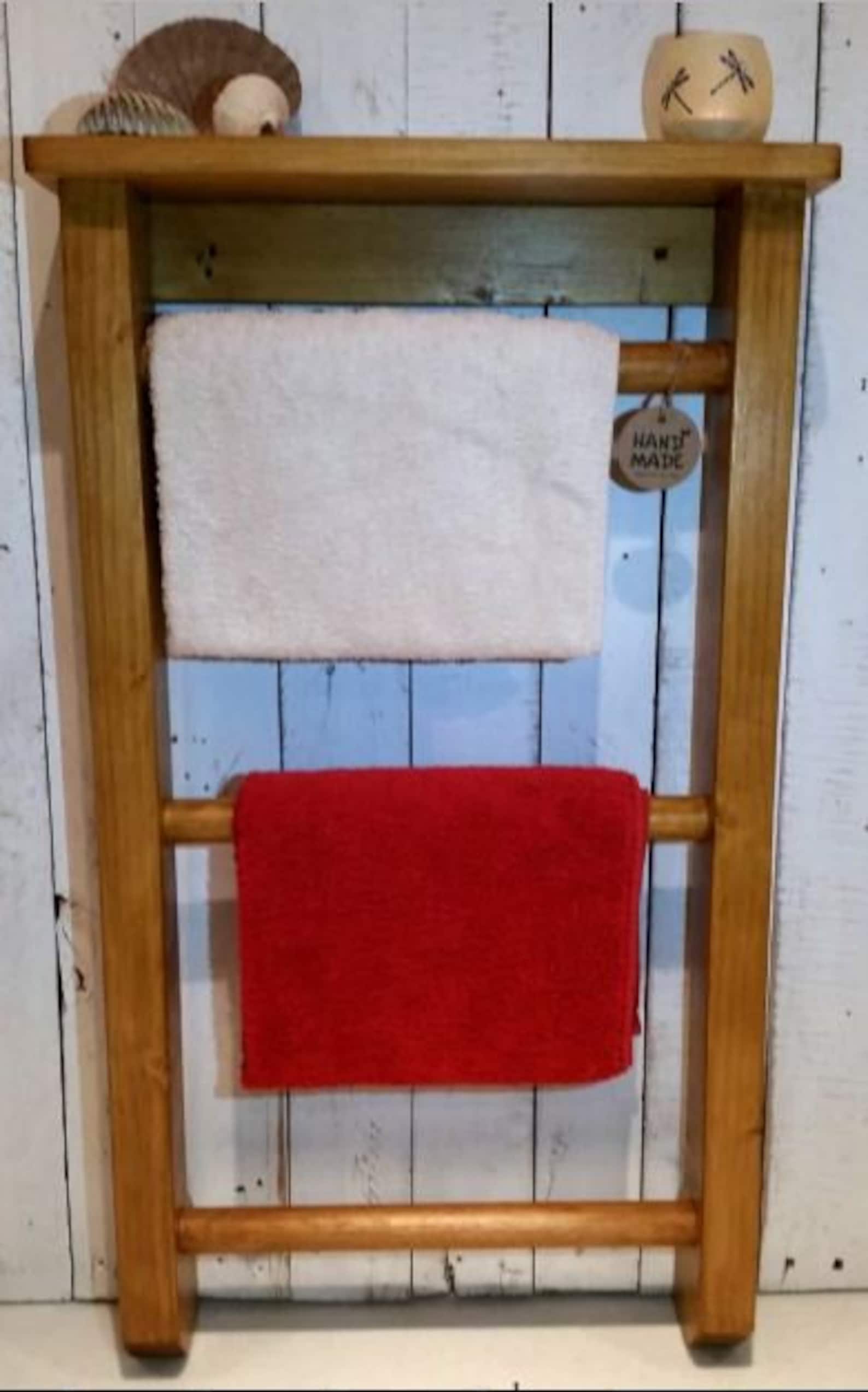 Rustic Wooden Towel Rail With Shelf From Solid Reclaimed Wood Etsy