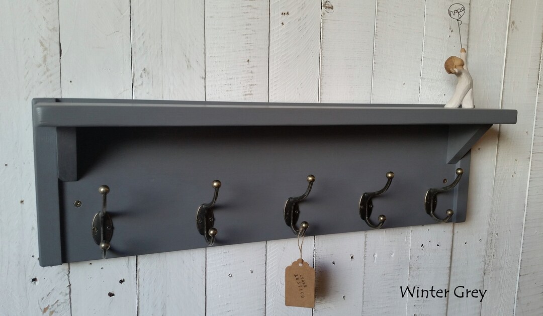 Grey Coat Rack With Shelf Solid Wood Vintage Rustic Antique Hooks Coat