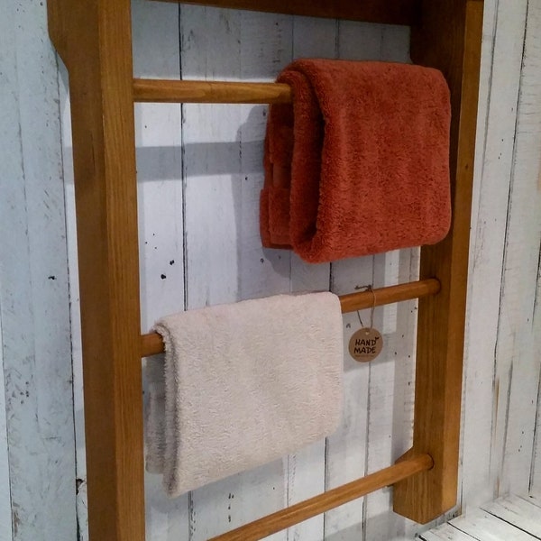 Rustic wooden towel rail with shelf from solid reclaimed wood Towel ladder Bathroom kitchen towel rail Towel rod Towel rack