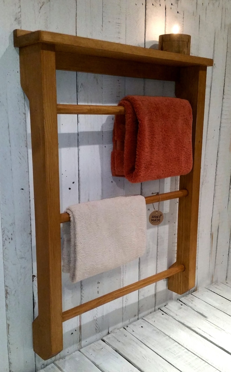 Rustic wooden towel rail with shelf from solid reclaimed wood Etsy