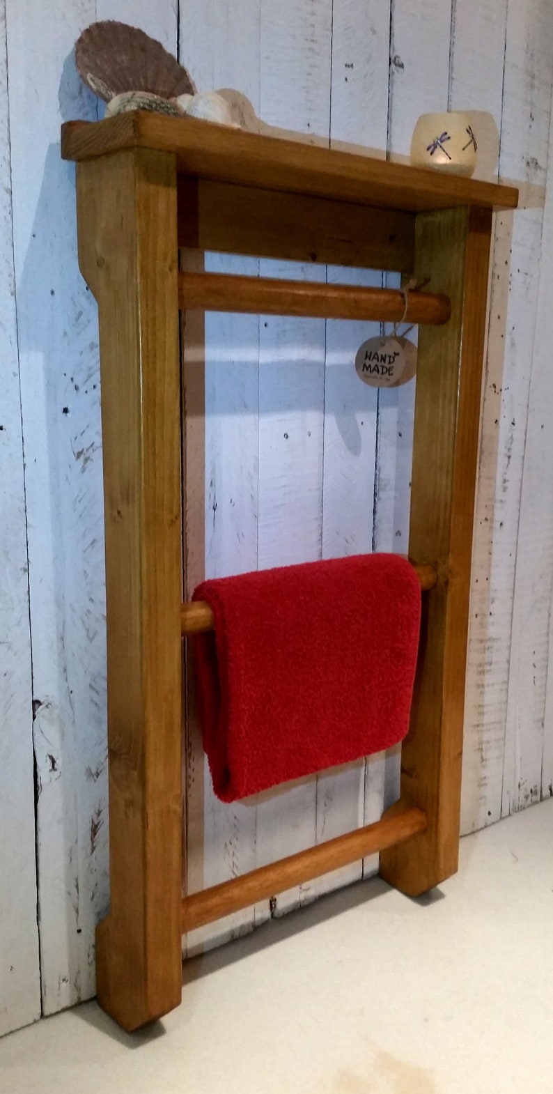 Rustic wooden towel rail with shelf from solid reclaimed wood Etsy