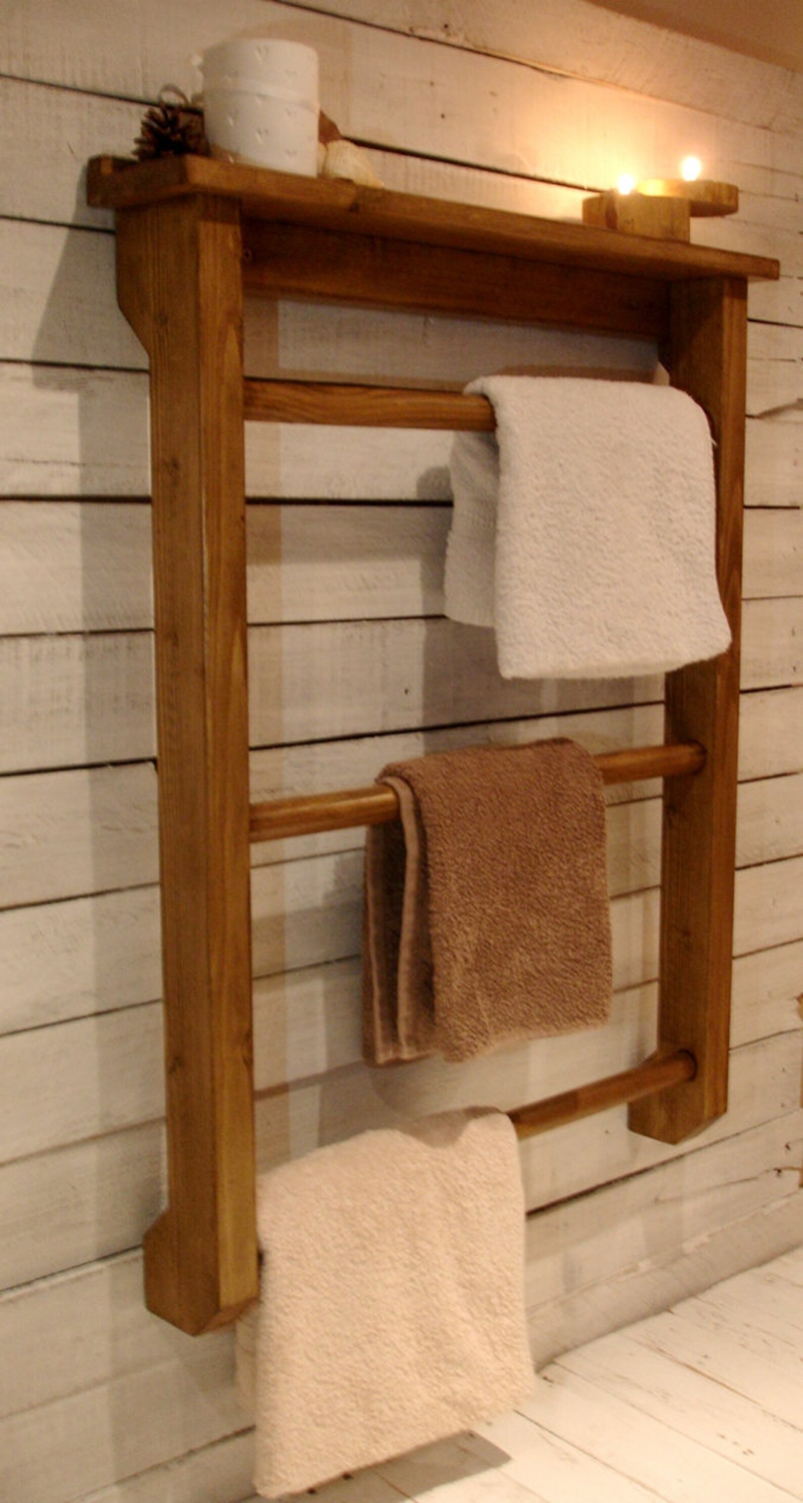 Rustic Wooden Towel Rail With Shelf From Solid Reclaimed Wood Etsy