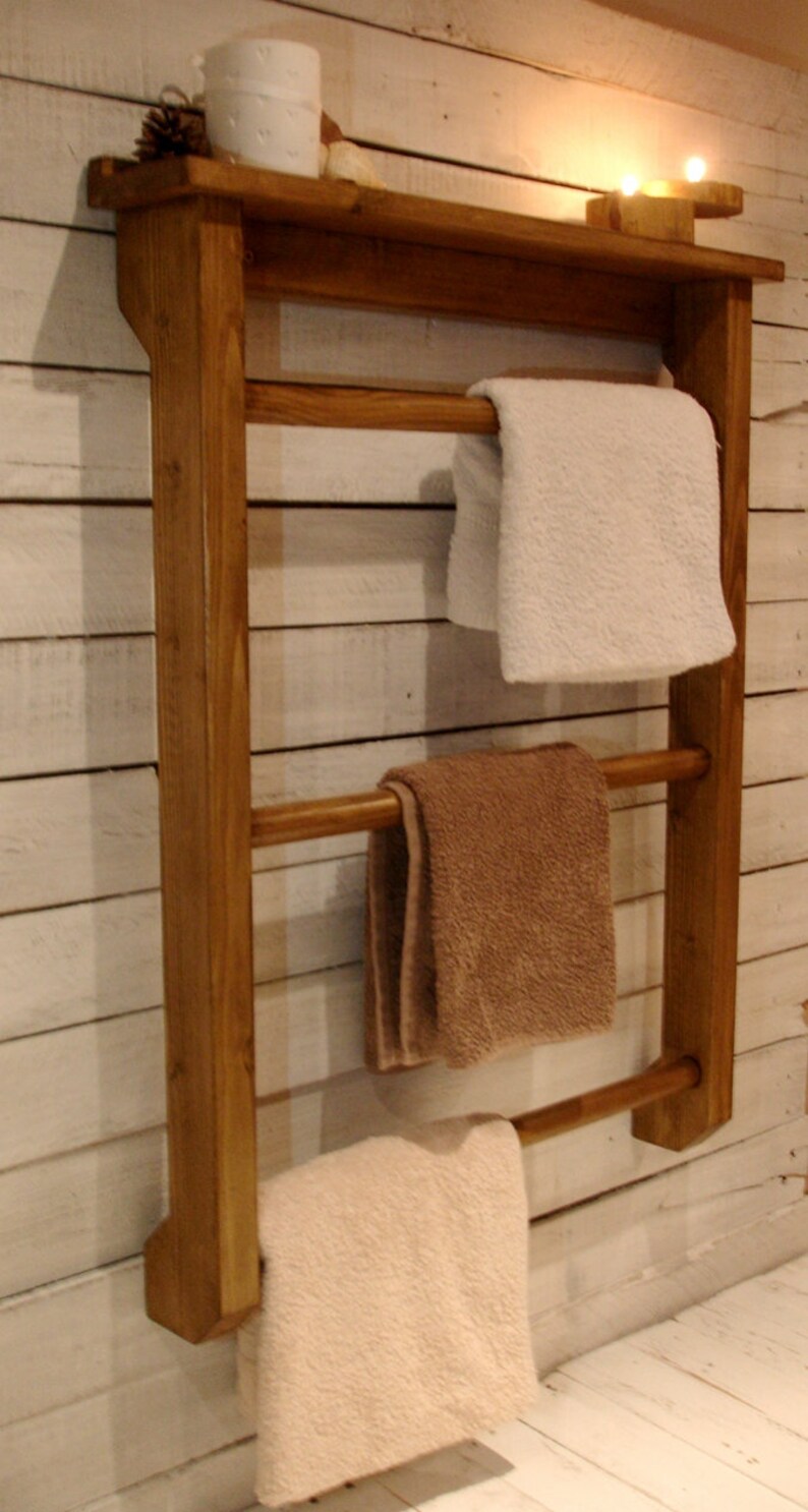 Rustic wooden towel rail with shelf from solid reclaimed wood Etsy