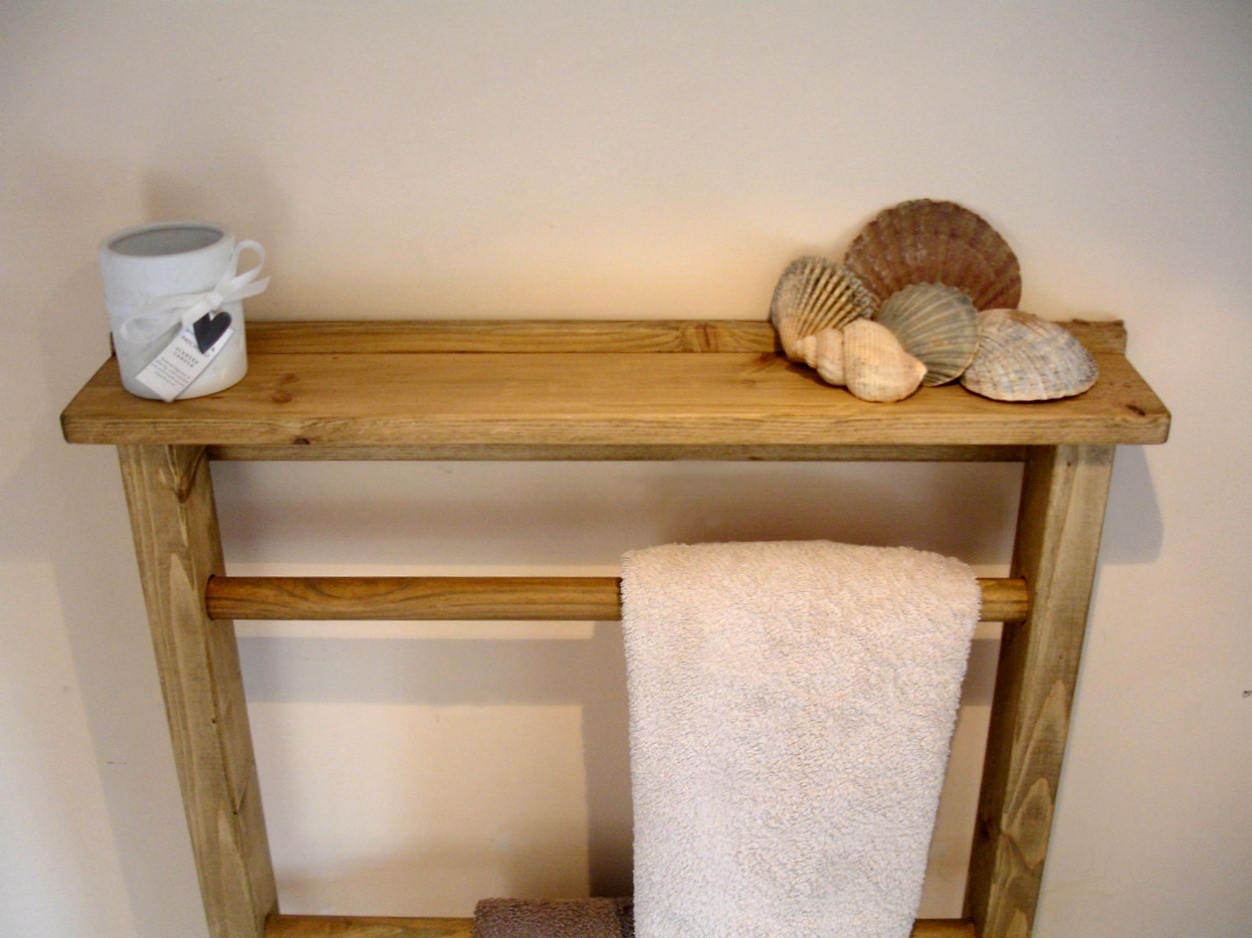 Rustic Wooden Towel Rail With Shelf From Solid Reclaimed Wood Etsy