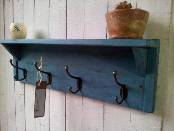 Coat Rack With Shelf Rustic Hallway Hanger Handmade Entryway With Vintage Hooks Clothing Rack Distressed Shabby Chic Antique Blue Coat Rack Etsy