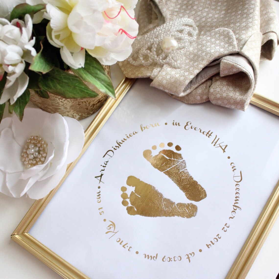 Baby Footprints & Birth Stats Gold Foil Print Etsy