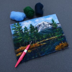 May include: A needle felting kit with a mountain scene, a pink felting tool, and blue, green, and gray wool roving.