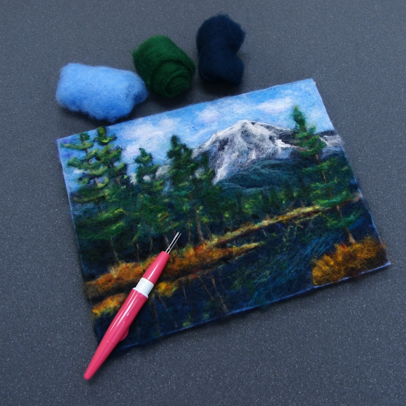 May include: A needle felting kit with a mountain scene, a pink felting tool, and blue, green, and gray wool roving.