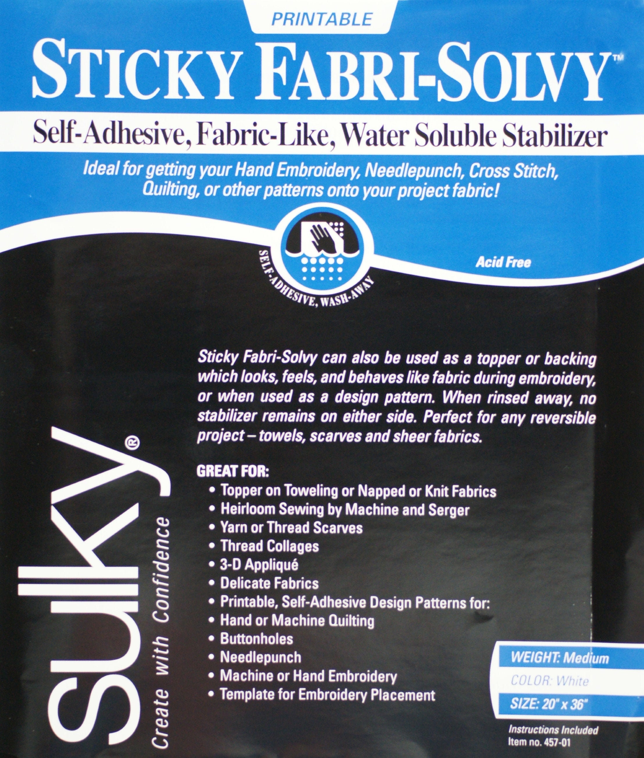 Sulky Sticky Fabri-solvy, 20x36, Printable, Water Soluble