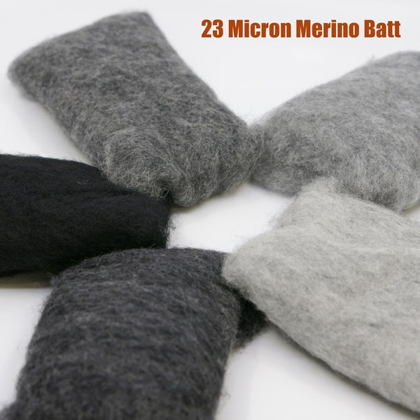 Shades of Gray and Black Carded Short Fiber 23 Micron Merino Batt for Needle Felting Painting with Wool