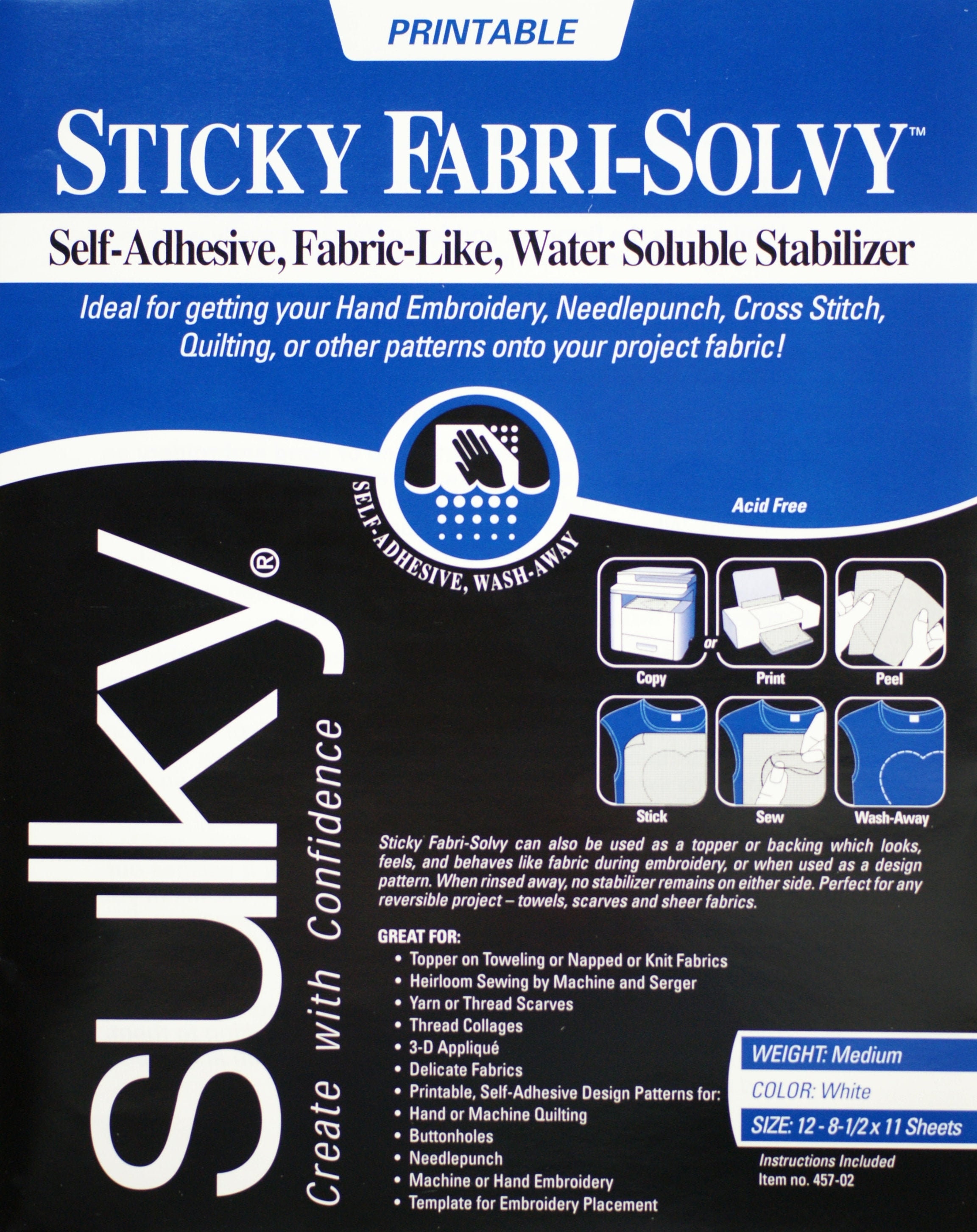 Sulky Sticky FabriSolvy, Twelve 8.5x11 sheets, Printable, Water