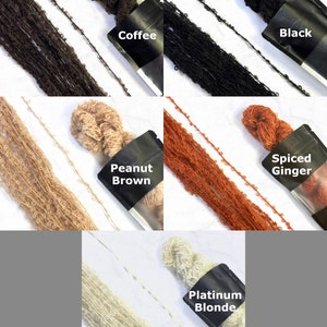 May include: Four skeins of yarn in different colors: coffee, black, peanut brown, and spiced ginger. Each skein is displayed on a white surface with a black label that includes the color name.
