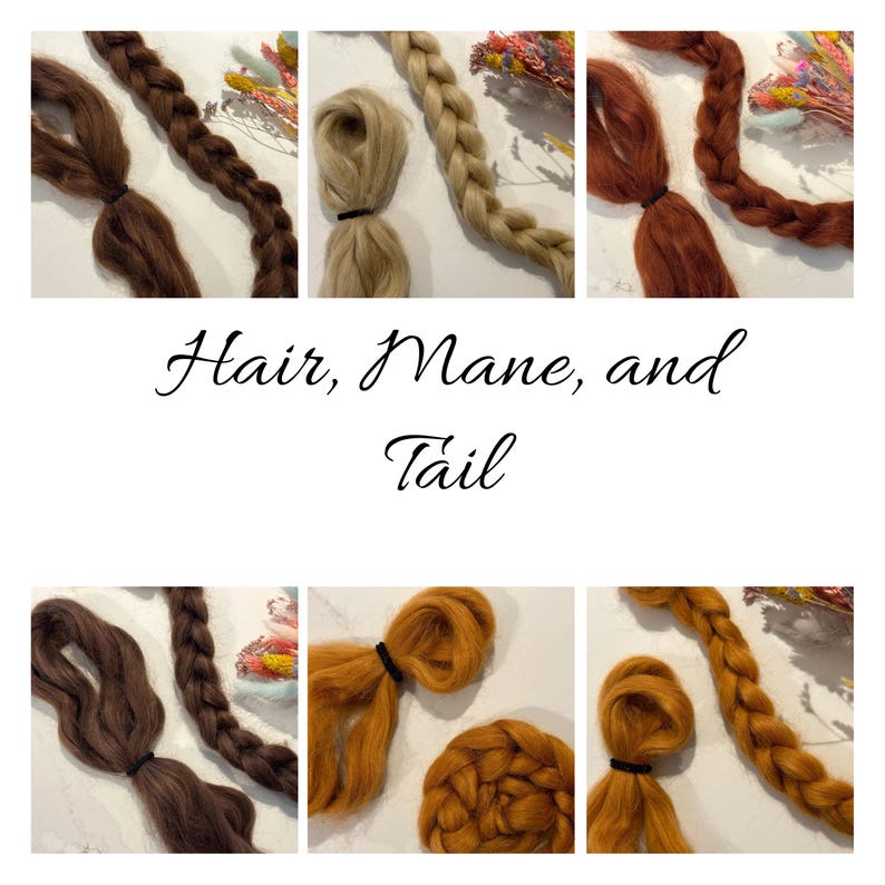 K&ouml;nnte beinhalten: Drei S&auml;tze geflochtener Haarverl&auml;ngerungen in verschiedenen Farben: Braun, Blond und Rot. Das Haar ist so angeordnet, dass L&auml;nge und Textur der Verl&auml;ngerungen sichtbar sind. Der Text "Hair, Mane, and Tail" steht unter den Bildern.