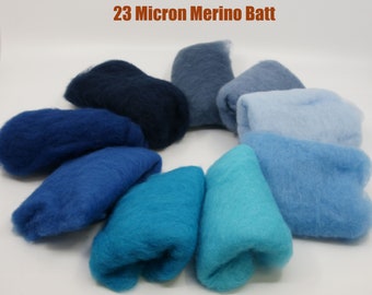 Shades of Blue Carded Short Fiber 23 Micron Merino Batt for Needle Felting Painting with Wool