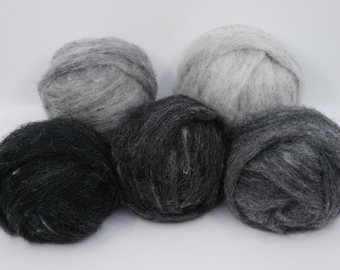 Shades of Gray Carded Corriedale 5 Colors 4.4 Ounces  for Needle Felting