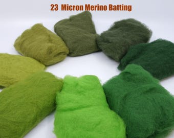 Shades of Green Carded Short Fiber 23 Micron Merino Batt for Needle Felting Painting with Wool