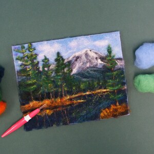 May include: A needle felting kit with a colorful mountain scene, a pink felting needle, and balls of wool in blue, green, orange, and dark green.