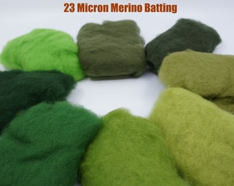 Shades of Green Carded Short Fiber 23 Micron Merino Batt for Needle Felting Painting with Wool