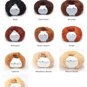 May include: A collection of ten yarn skeins in various shades of brown, beige, and black. Each skein is labeled with the brand name "DOLLY Mo" and the type of yarn, "Mohair Mini BOUCLE".