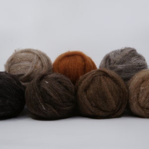 May include: A collection of eight balls of yarn in various shades of brown, from dark chocolate to light tan. The yarn appears soft and fluffy, ideal for knitting or crocheting projects.