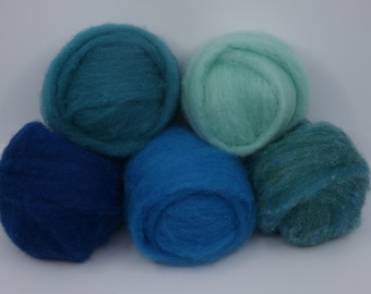 Marine Tones Carded Corriedale Collection, 5 Colors,  4.4  Ounces for Needle and Wet Felting