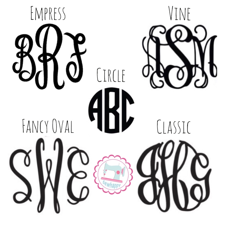 Puede incluir: Sobre un fondo blanco, se muestran seis dise&ntilde;os de monogramas negros en varios estilos: Empress, Vine, Circle, Fancy Oval y Classic. La palabra "Circle" est&aacute; encima de un monograma circular con las letras "ABC". La imagen tambi&eacute;n incluye un logotipo con el texto "sewhappy".