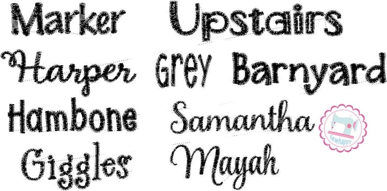 Puede incluir: Una colecci&oacute;n de elementos de texto en negro, incluyendo palabras como "Marker", "Upstairs", "Harper" y "Grey". Tambi&eacute;n hay un logotipo con una m&aacute;quina de coser. El texto parece ser para fines de artesan&iacute;a o dise&ntilde;o.