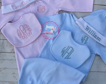Mud pie Baby 3 piece set, convertible gown, bib and cap set, personalized baby gift, come home baby set, baby shower gift set