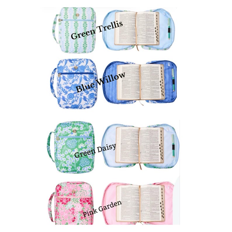 Puede incluir: Cuatro fundas de Biblia de tela con varios estampados florales y colores, incluyendo verde, azul y rosa. Cada funda tiene una Biblia abierta a juego en su interior. Las fundas est&aacute;n etiquetadas como "Green Trellis", "Blue Willow", "Green Daisy" y "Pink Garden".