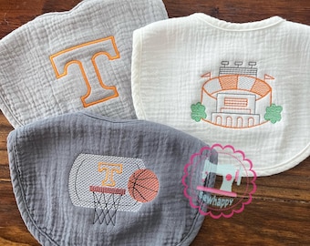 Tennessee style muslin bibs with embroidery