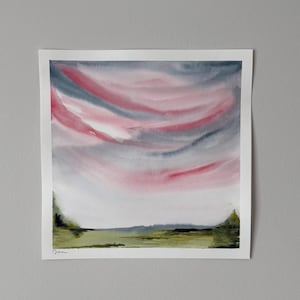Soft Pink Sky over Serene Landscape, Original Watercolor Painting, Abstract Nature Art