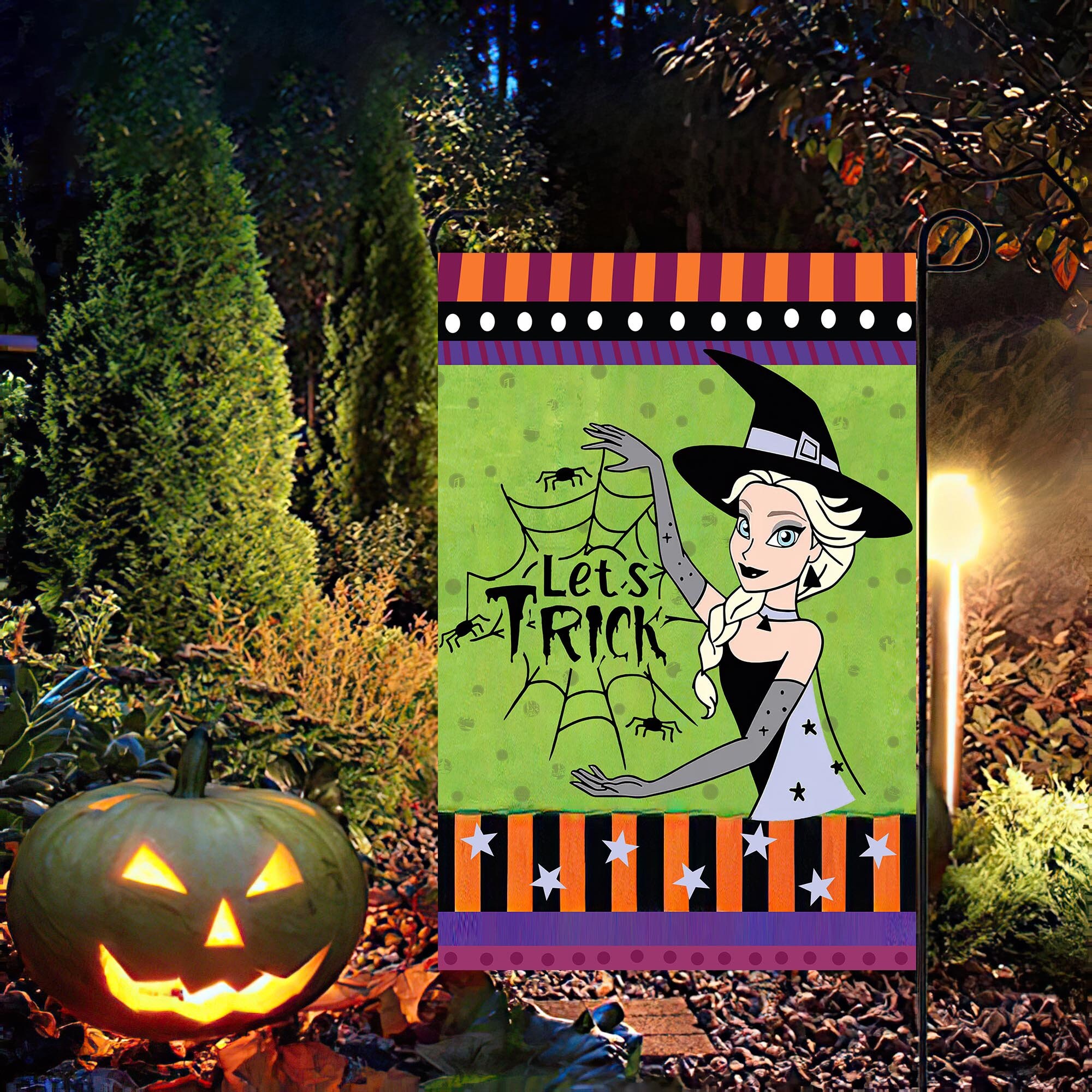 Discover Let's Trick Garden Flag, Disney Elsa Princesses Halloween Flag