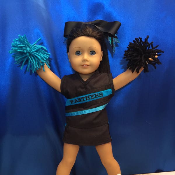 Homemade 18 Inch Doll  Panthers Cheerleading Outfit Includes Top, Skirt, Panties, Hair Bow And Pompoms Made From Jelly Bean Soup Pattern