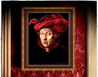 Portraits in time / Flemish Style / Personalized Gift / Custom portrait / Acrylic / Grandpa with red turban / Van Eyck