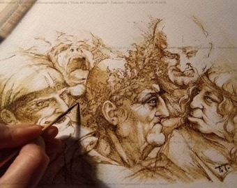 Original drawing- Etude de têtes grotesques - Exercise - Leonardo da Vinci - Tribute - Drawings - Coffee and ink sepia - Super Discount