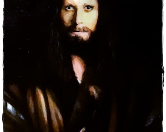 May include: Oil painting portrait of a man with long dark hair and a beard, set against a dark background. The subject has light skin and is wearing a brown garment. The artist's signature is in the bottom right corner.