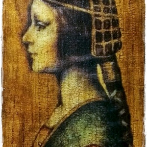 May include: An antique-style portrait of a woman in profile, rendered in warm, earthy tones. She wears a dark head covering with a grid-like pattern and a green garment. The artwork has a textured, aged appearance, suggesting a vintage aesthetic.