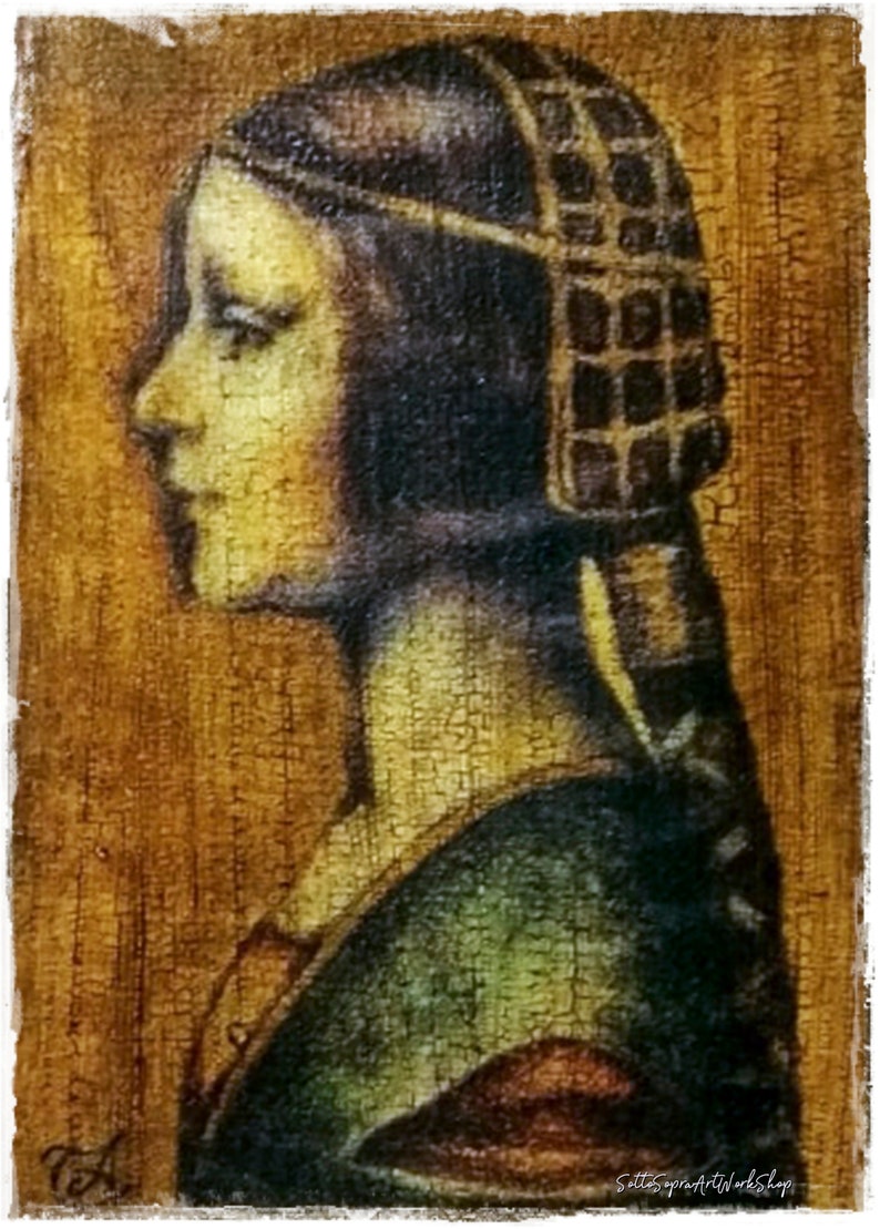 May include: An antique-style portrait of a woman in profile, rendered in warm, earthy tones. She wears a dark head covering with a grid-like pattern and a green garment. The artwork has a textured, aged appearance, suggesting a vintage aesthetic.