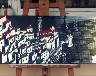 Wandering discussions - Atrani - Metamorphosis - Maurits Cornelis Escher - Tribute - On commission - Acrylics and pantone on canvas