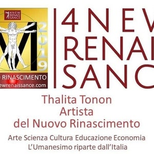 May include: A promotional graphic with the text "4 NEW RENAISSANCE" in burgundy. The image includes a logo with a Vitruvian Man figure and the text "NUOVO RINASCIMENTO". The artist's name, Thalita Tonon, is also displayed.