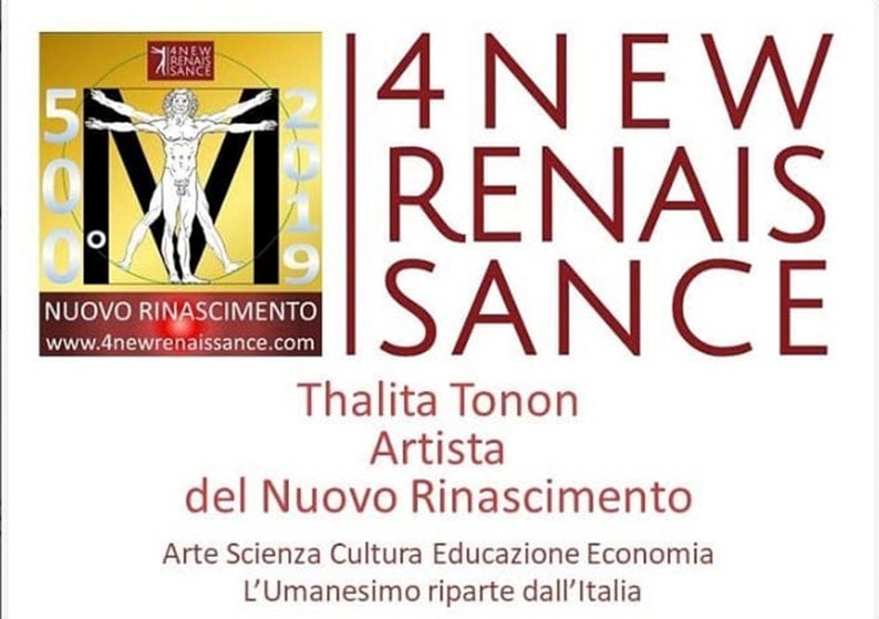 May include: A promotional graphic with the text "4 NEW RENAISSANCE" in burgundy. The image includes a logo with a Vitruvian Man figure and the text "NUOVO RINASCIMENTO". The artist's name, Thalita Tonon, is also displayed.
