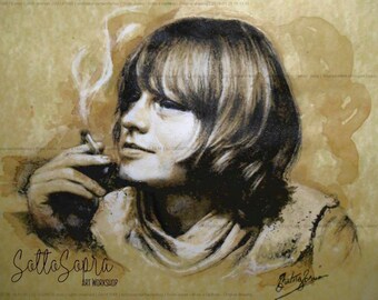 May include: A sepia-toned ink wash portrait of a person with shoulder-length hair, holding a lit cigarette with visible smoke. The artwork features the text SottoSopra ART WORKSHOP in the lower left corner and a signature in the lower right.
