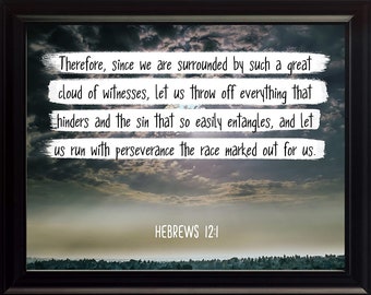 May include: A motivational quote from Hebrews 12:1, "Therefore, since we are surrounded by such a great cloud of witnesses, let us throw off everything that hinders and the sin that so easily entangles, and let us run with perseverance the race marked out for us." The quote is displayed on a background of a cloudy sky with a sunset.