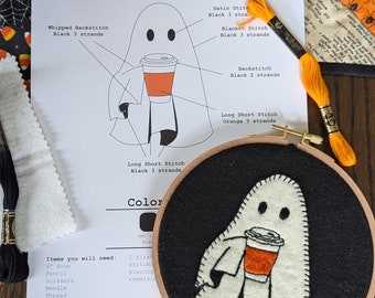 But First Coffee, Hand Embroidery Kit, Embroidery Ghost, Embroidery Coffee, Embroidery Kit Halloween, Felt Kits