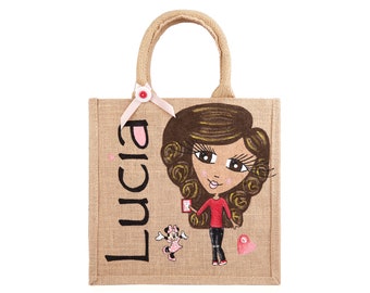 Personalised Women's Jute Hand Bag, Ladies Tote Shopping Bag, Girl Painted on Bag, Reusable Shopper Bag, Small Medium and Large Sizes