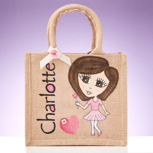 Personalised Girls Jute Bag, Hand Painted Custom Tote, Girly Dressing Up Accessory, Childs Play Bag, Kids Toy Bag, Small Medium and Large